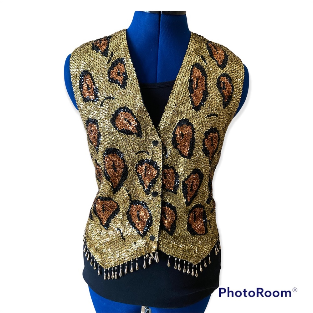 Taris Stars Sequin Beaded Leopard Vest Tara’s Vintage Handcrafted